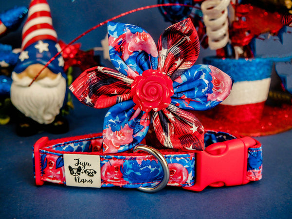 Patriotic floral rose dog collar flower/ cute girl dog collar/ 4th of July dog collar/ Memorial day collar/ blue red  female dog collar