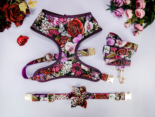 Girl Floral dog harness leash set/ purple rose flower dog harness vest/ female mum poppy dog harness and lead/ boho soft fabric harness