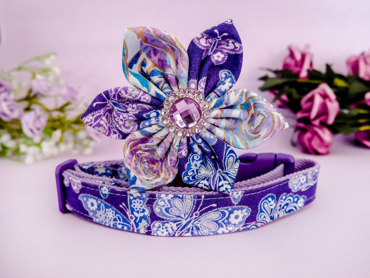 Dog collar with flower - Purple glitter butterfly