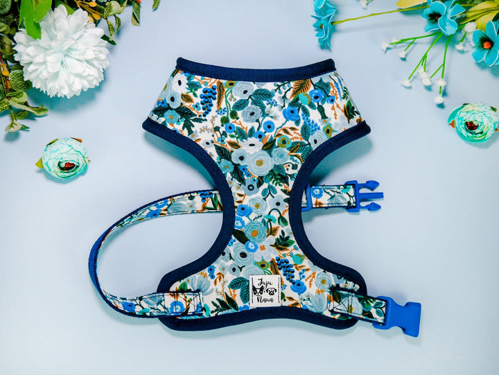 Girl floral dog harness vest/ rifle paper co/ flower white harness/ blue fabric harness/ small puppy medium dog harness/ designer harness