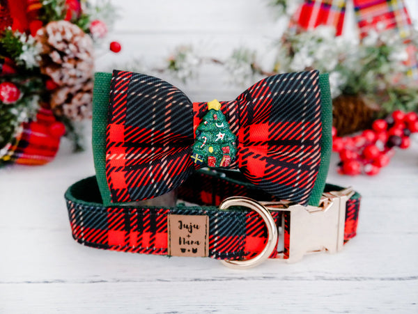 Christmas plaid dog collar bow tie/ Boy winter dog collar
