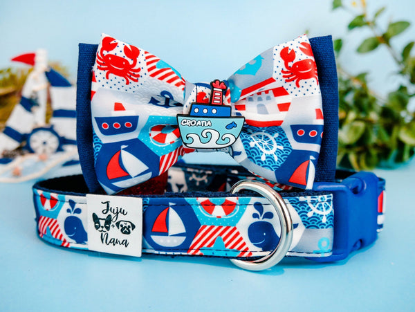 Nautical dog collar bow tie/ sailboat beach crab collar/ cute boy dog collar/ summer sailor tropical collar/ large small puppy collar