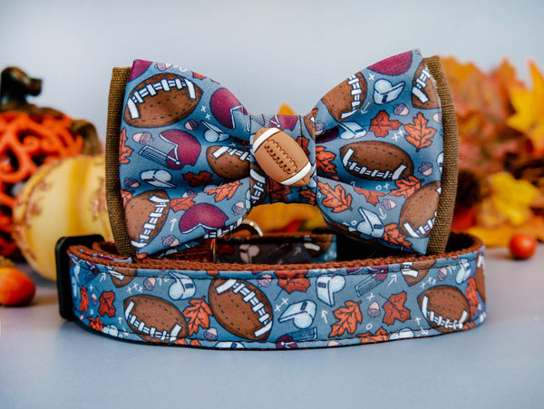 Dog collar with bow tie - football, acorn, and maple leaves