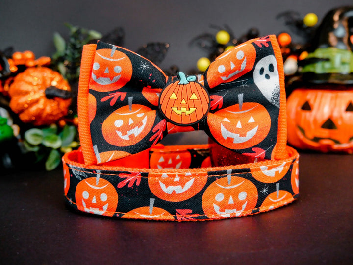 Halloween dog collar with bow tie - jack o lantern