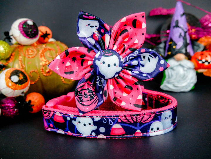 Halloween dog collar with flower - Ghost Haunted house
