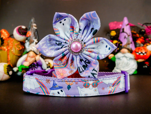 Halloween dog collar with flower - retro ghost party