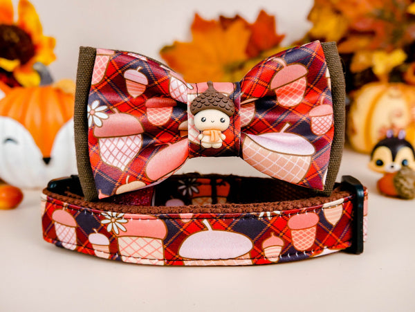 Dog collar with bow tie - Plaid and acorns