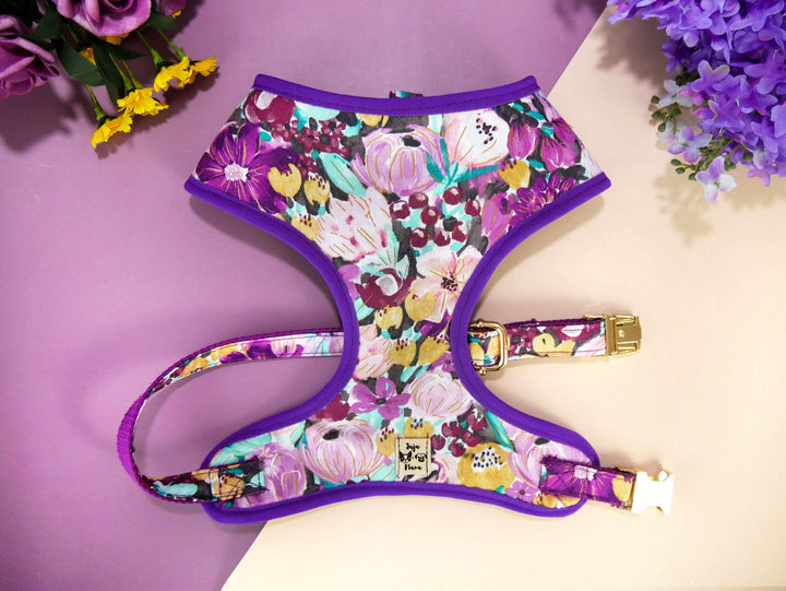 purple Girl dog harness vest/ floral dog harness/ spring flower harness/ female fabric dog harness/ designer custom dog harness/ dog gift