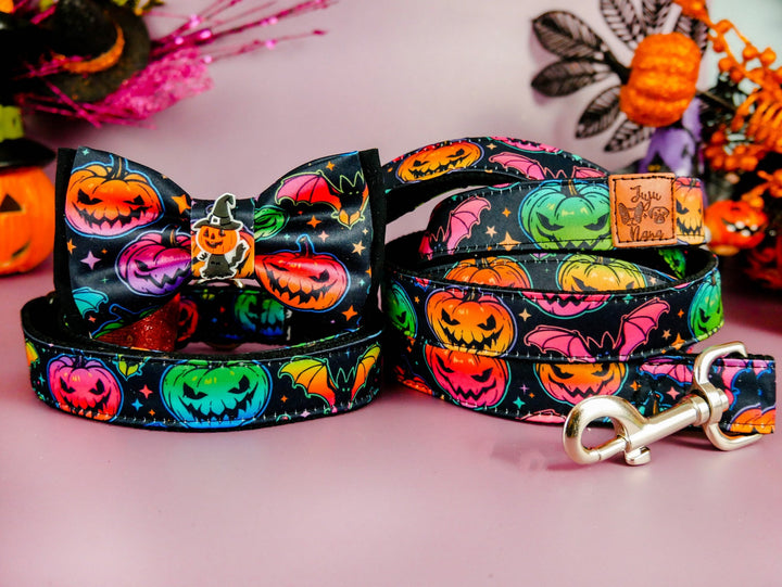 Halloween dog collar with bow tie - Rainbow pumpkin and bat