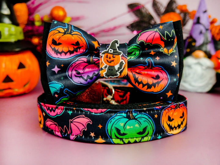 Halloween dog collar with bow tie - Rainbow pumpkin and bat