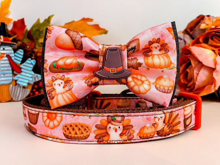Dog collar with bow tie - Thanksgiving Turkey and Gnomes