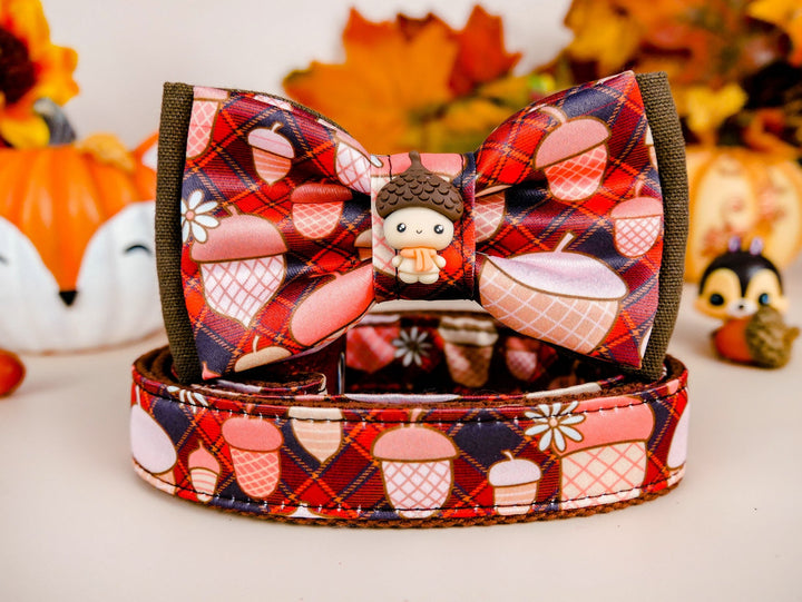 Dog collar with bow tie - Plaid and acorns