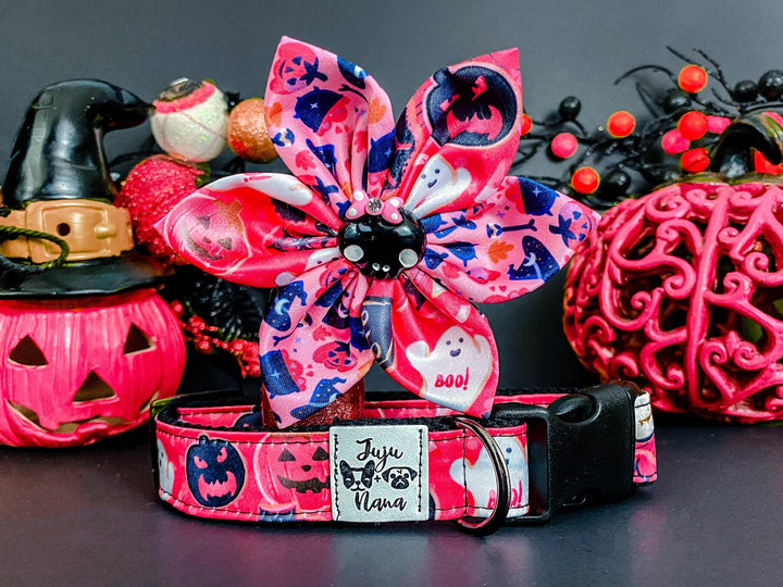 Halloween dog collar with flower - Pink Halloween
