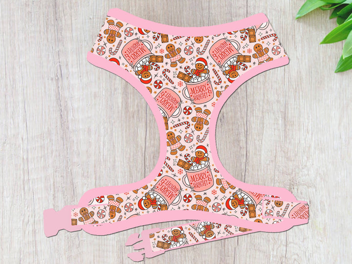 Pink Christmas Dog harness - gingerbread and marshmallows