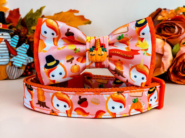 Dog collar with bow tie - Thanksgiving Unicorn