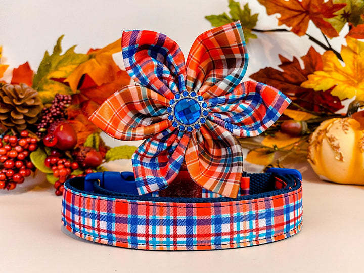 Dog collar with flower - Autumn Plaid