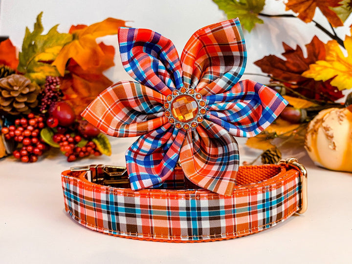 Dog collar with flower - Fall Plaid