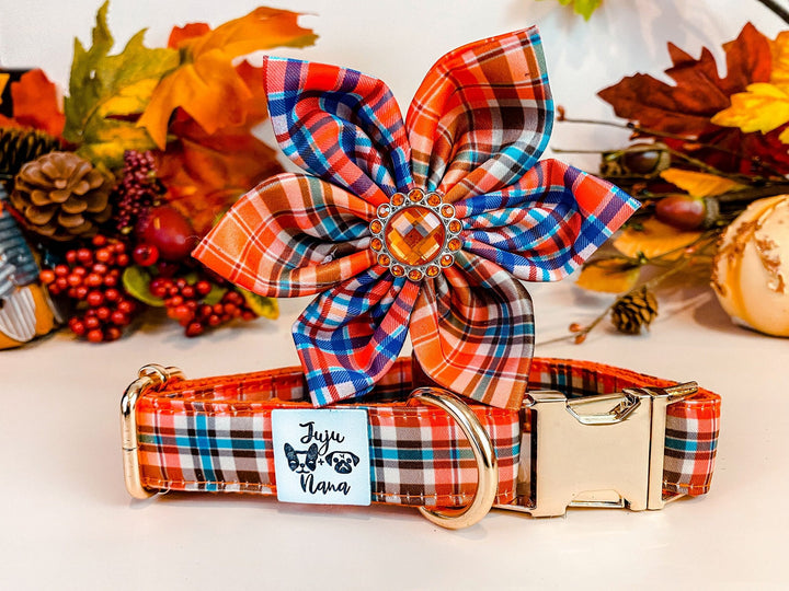 Dog collar with flower - Fall Plaid