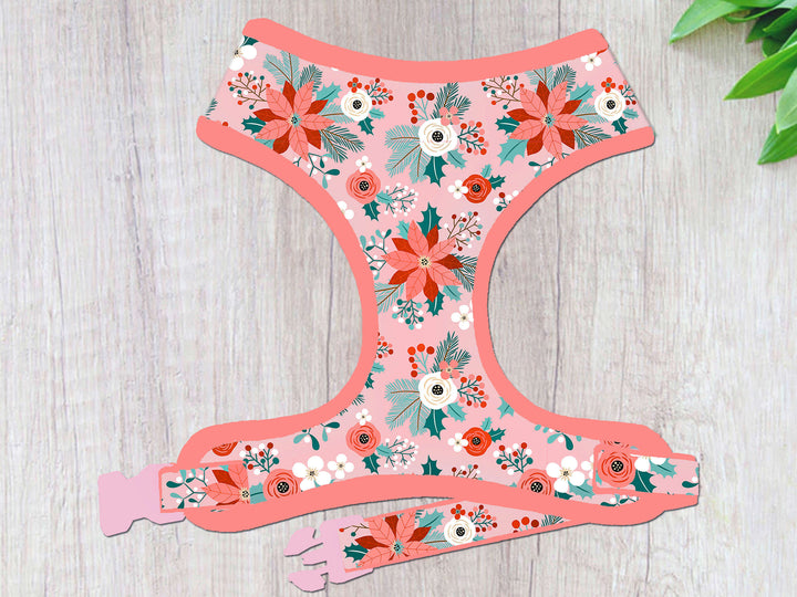 Pink Christmas dog harness - Poinsettia and roses