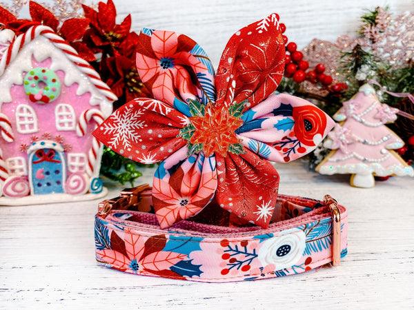Dog collar with flower - Pink Christmas poinsettia and roses