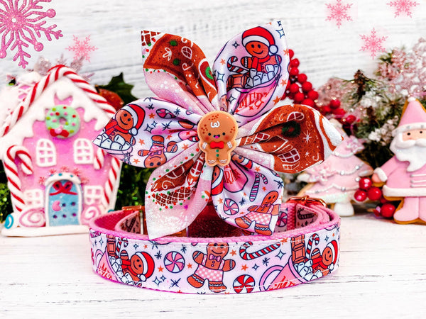 Dog collar with flower - Pink Christmas gingerbread and marshmallow