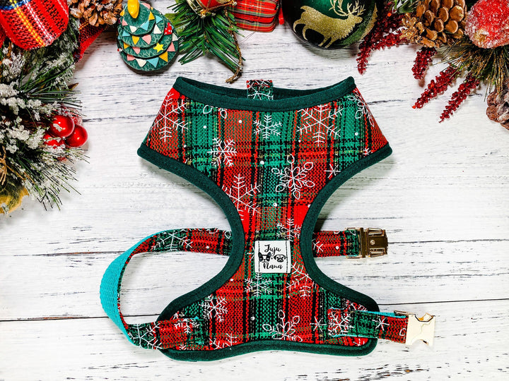 Christmas Dog harness set - snowflake Plaid