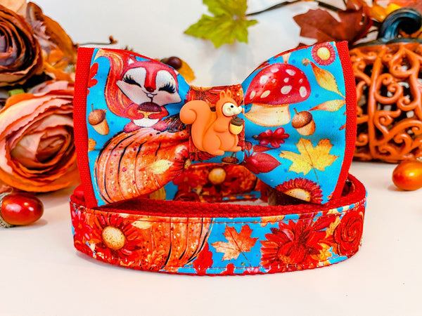 Dog collar with bow tie - Squirrel, flowers and Pumpkins