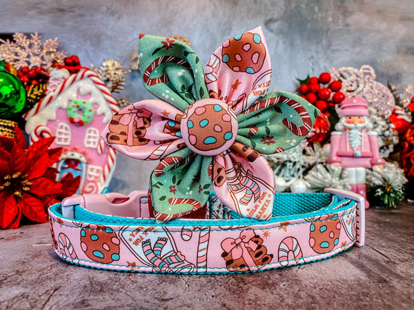 Pink Christmas cookie dog collar flower/ cute girl dog collar