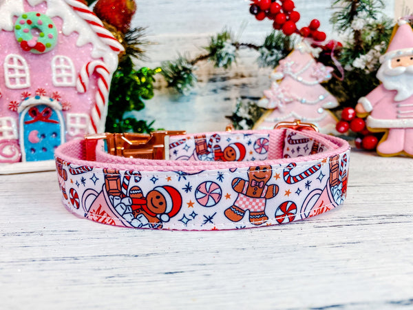 Pink Christmas gingerbread dog collar/ cute girl dog collar