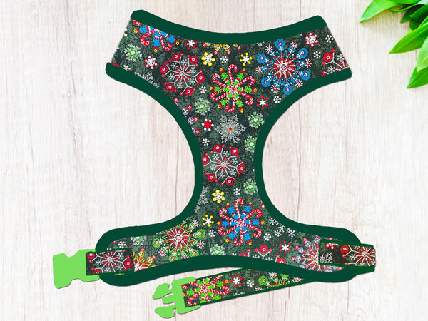 Christmas dog harness - Green Colorful Glitter Snowflakes