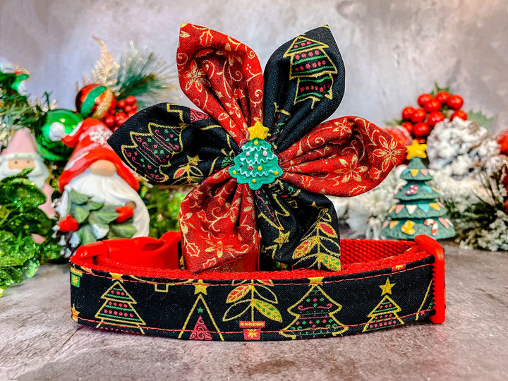 Glitter Christmas Tree dog collar Flower, Brass Metal buckle collar, Black red christmas dog collar, Holiday winter dog collar, puppy collar