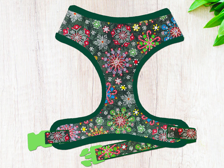 Christmas dog harness - Green Colorful Glitter Snowflakes