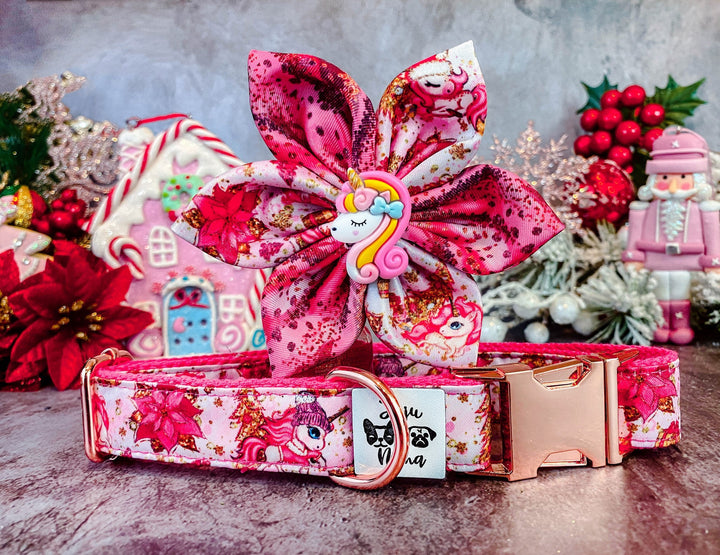 Dog collar with flower - Christmas Pink Unicorn