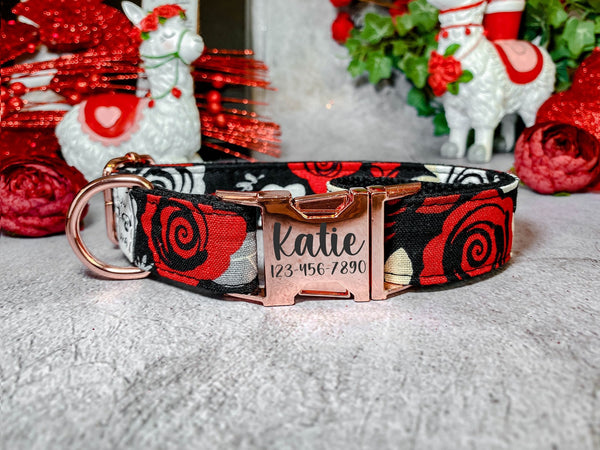 Valentine rose Floral dog collar/ Personalized Engraving Buckle Dog Collar/ girl rose flower collar/ boho female collar/ large small collar