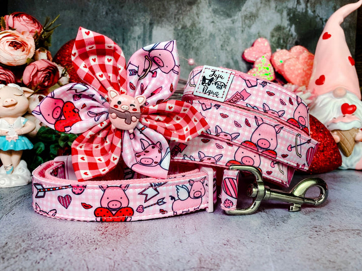 Valentine dog collar with flower - Piggy and heart
