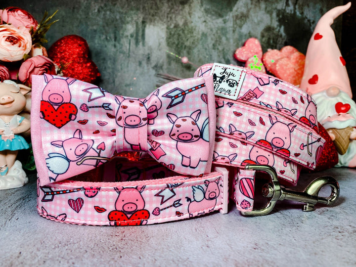 Valentine pig plaid dog collar bow tie/ Boy piggy dog collar/ cute fabric collar/ large small dog collar/ pink medium puppy holiday collar
