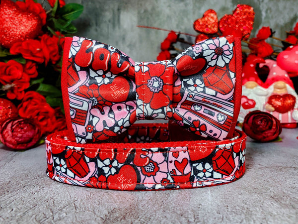 Valentine dog collar with bow tie - Retro Flower