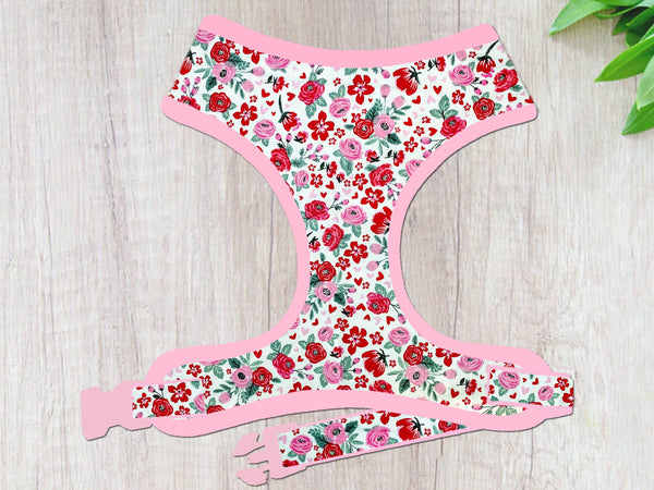 Valentine's day rose floral dog harness vest/ girl flower dog harness/ cute pink harness/ female fabric harness/ soft holiday harness