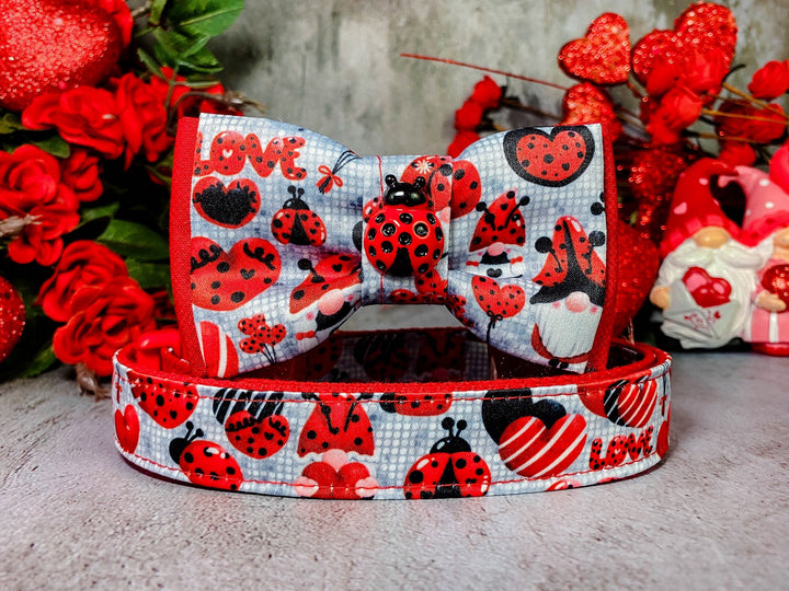 Valentine gnome ladybug dog collar bow tie/ boy plaid dog collar/ cute fabric dog collar/ small large dog collar/ heart puppy collar