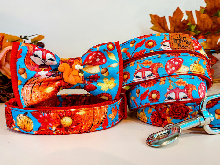 Dog collar with bow tie - Squirrel, flowers and Pumpkins
