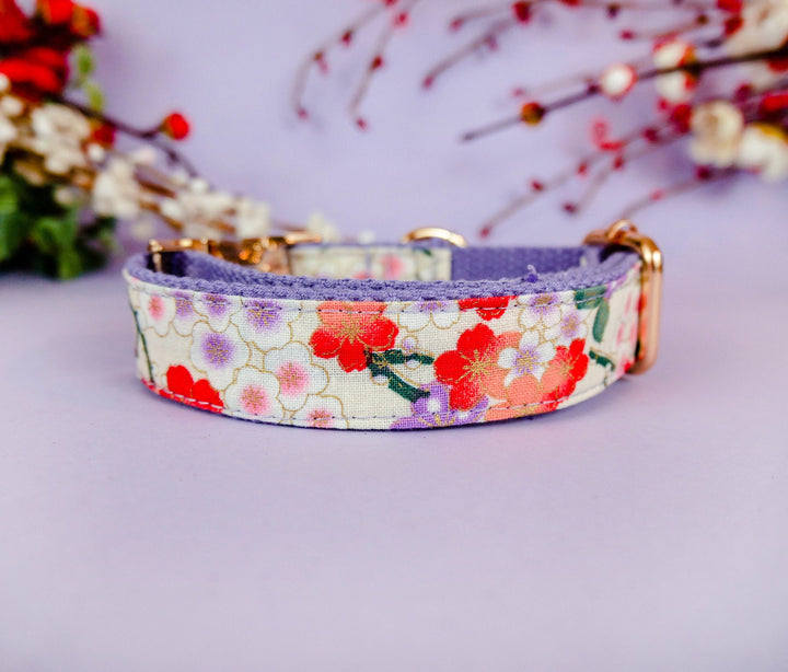 girl floral dog collar/ Japanese kimono flower dog collar/ purple white female dog collar/ small large dog collar/ puppy fabric collar