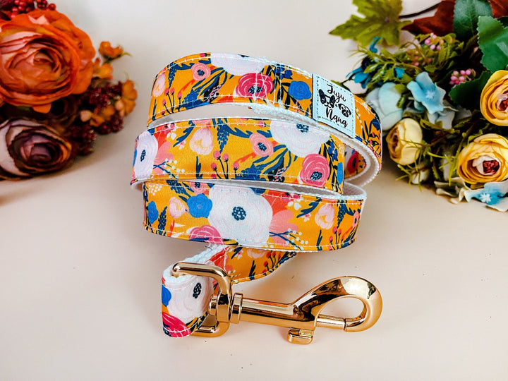 Mustard Yellow floral dog collar/ girl rose flower dog collar/ large medium small dog collar/ fabric designer collar/ female puppy collar