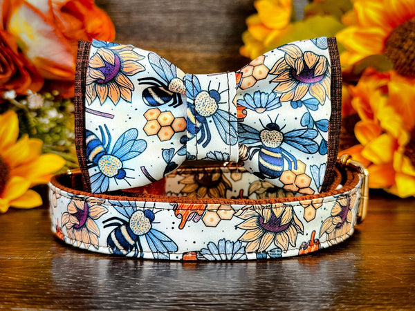 spring bumble Bee sunflower dog collar bow tie/ Boy cute dog collar/ summer yellow floral dog collar/ easter small large dog collar