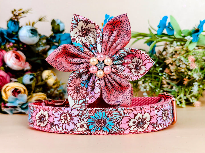 Easter dog collar with flower - Spring retro flowers