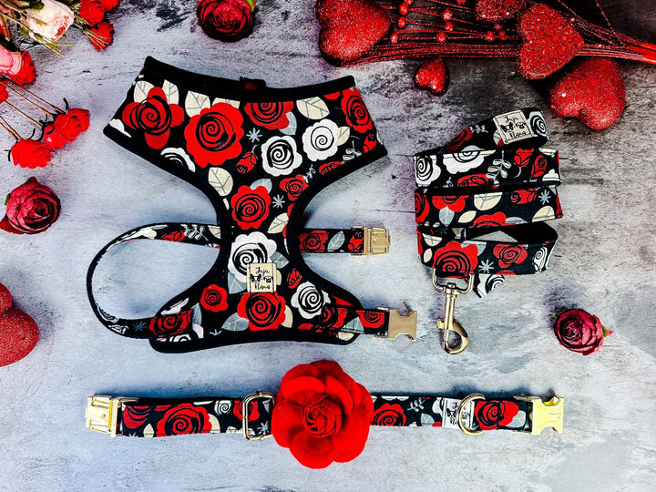 Valentine dog harness - Retro Rose - Black trim