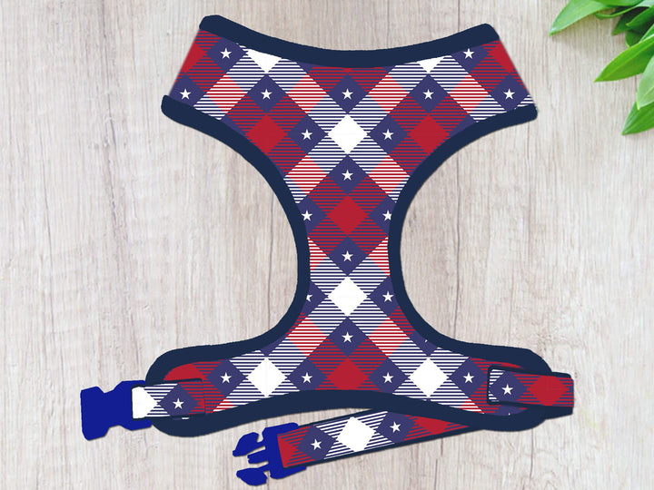 Patriotic plaid star dog harness vest/ girl boy dog harness/ 4th of july harness independence day/ memorial day harness/ tartan harness