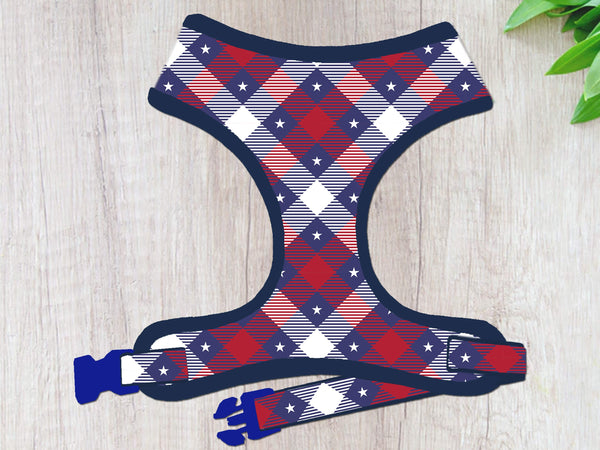 Patriotic plaid star dog harness vest/ girl boy dog harness/ 4th of july harness independence day/ memorial day harness/ tartan harness
