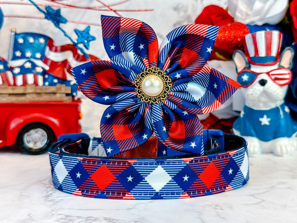 Patriotic plaid dog collar flower/ Girl star dog collar/ 4th of July collar/ large small dog collar/ American memorial day collar