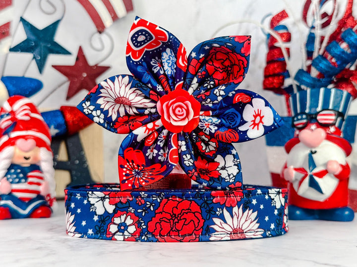 Patriotic floral rose dog collar flower/ cute girl dog collar/ 4th of July dog collar/ summer USA female dog collar/ Memorial day collar/