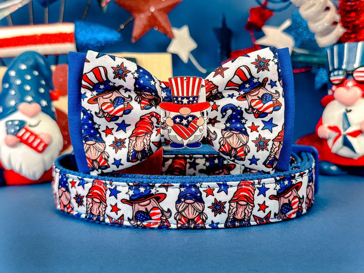 Patriotic gnome dog collar bow tie/ cute boy dog collar/ 4th of July collar/ large small puppy collar/ Memorial day USA collar/ star collar